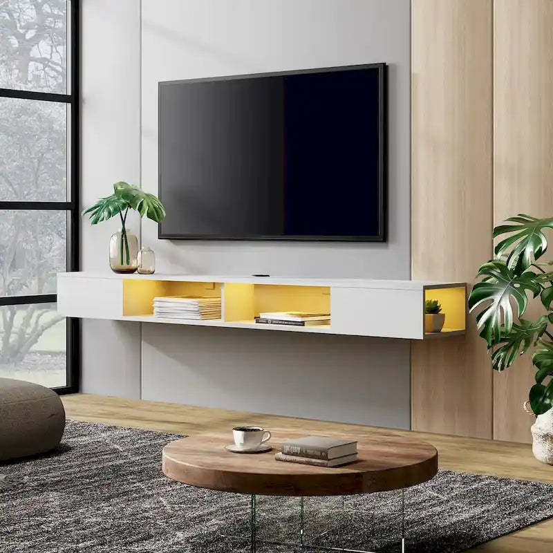 WAMPAT Étagère TV flottante de 70 pouces avec lumières LED, meuble TV flottant sous console multimédia TV pour salon - 70 pouces