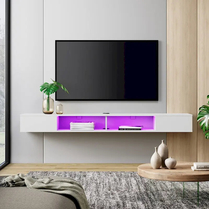 WAMPAT Étagère TV flottante de 70 pouces avec lumières LED, meuble TV flottant sous console multimédia TV pour salon - 70 pouces
