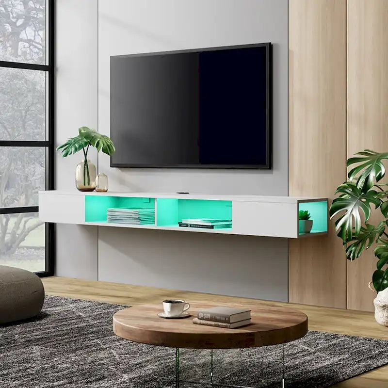 WAMPAT Étagère TV flottante de 70 pouces avec lumières LED, meuble TV flottant sous console multimédia TV pour salon - 70 pouces