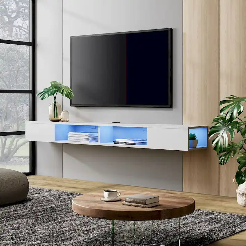 WAMPAT Étagère TV flottante de 70 pouces avec lumières LED, meuble TV flottant sous console multimédia TV pour salon - 70 pouces