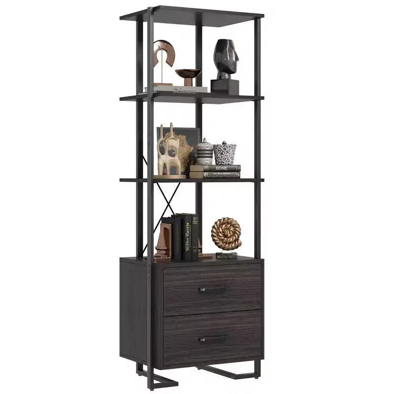 3 Tier Bookshelf with Storage Drawers,70.9 Inch Tall Industrial Book Shelf with Open Display Shelves,3 Shelf Bookcase with Metal Frame