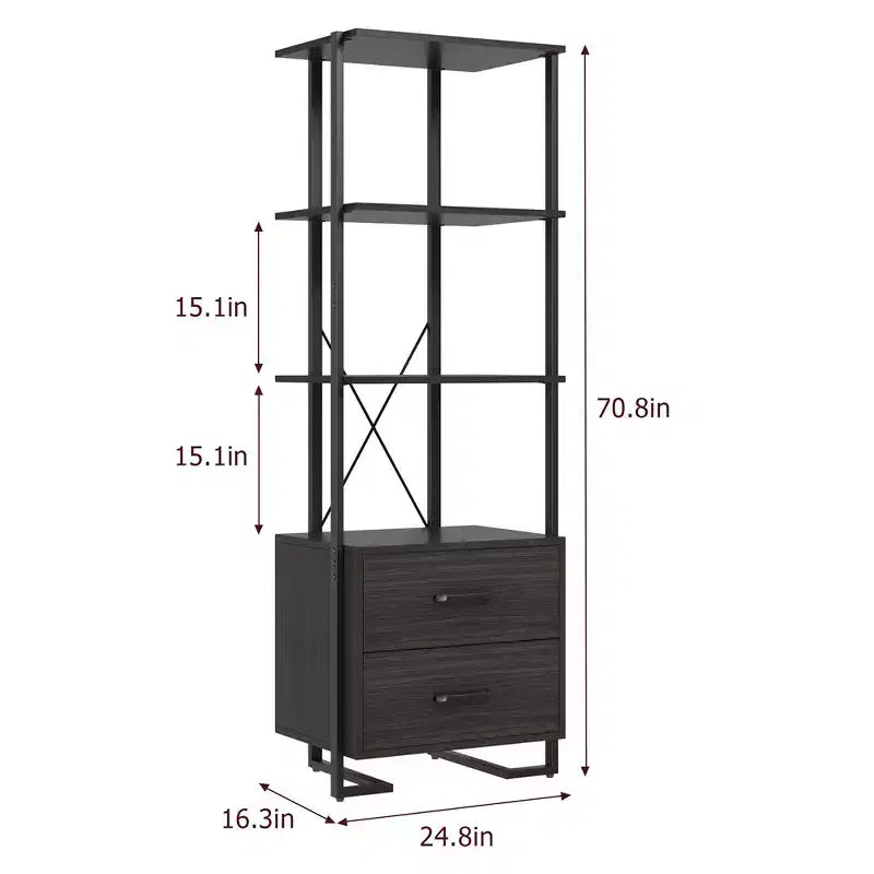 Bibliothèque à 3 niveaux avec tiroirs de rangement, étagère industrielle de 180 cm de haut avec étagères ouvertes, bibliothèque à 3 niveaux avec cadre en métal