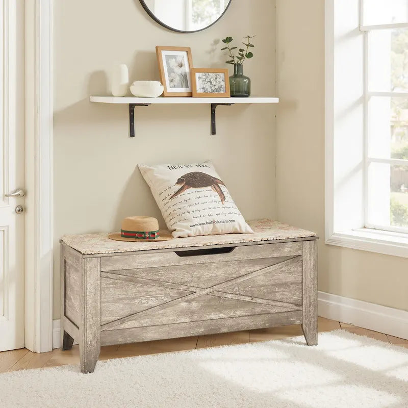 Banc de rangement VECELO, coffre de rangement en bois avec charnières de sécurité en osier tressé, banc à chaussures d'entrée, coffre de rangement de style industriel