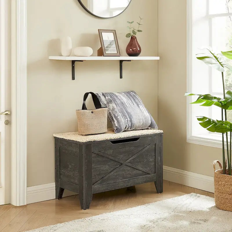 Banc de rangement VECELO, coffre de rangement en bois avec charnières de sécurité en osier tressé, banc à chaussures d'entrée, coffre de rangement de style industriel