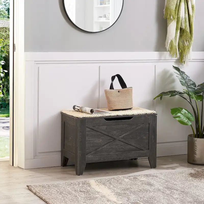 Banc de rangement VECELO, coffre de rangement en bois avec charnières de sécurité en osier tressé, banc à chaussures d'entrée, coffre de rangement de style industriel
