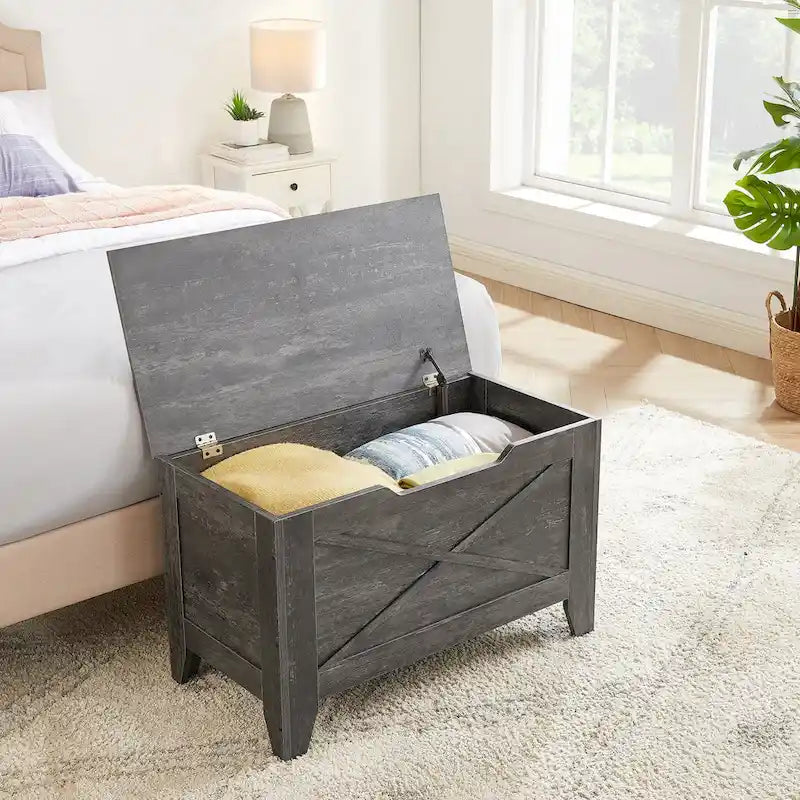 Banc de rangement VECELO, coffre de rangement en bois avec charnières de sécurité en osier tressé, banc à chaussures d'entrée, coffre de rangement de style industriel