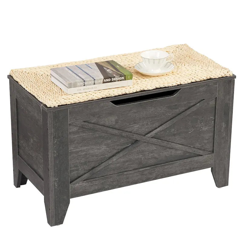Banc de rangement VECELO, coffre de rangement en bois avec charnières de sécurité en osier tressé, banc à chaussures d'entrée, coffre de rangement de style industriel