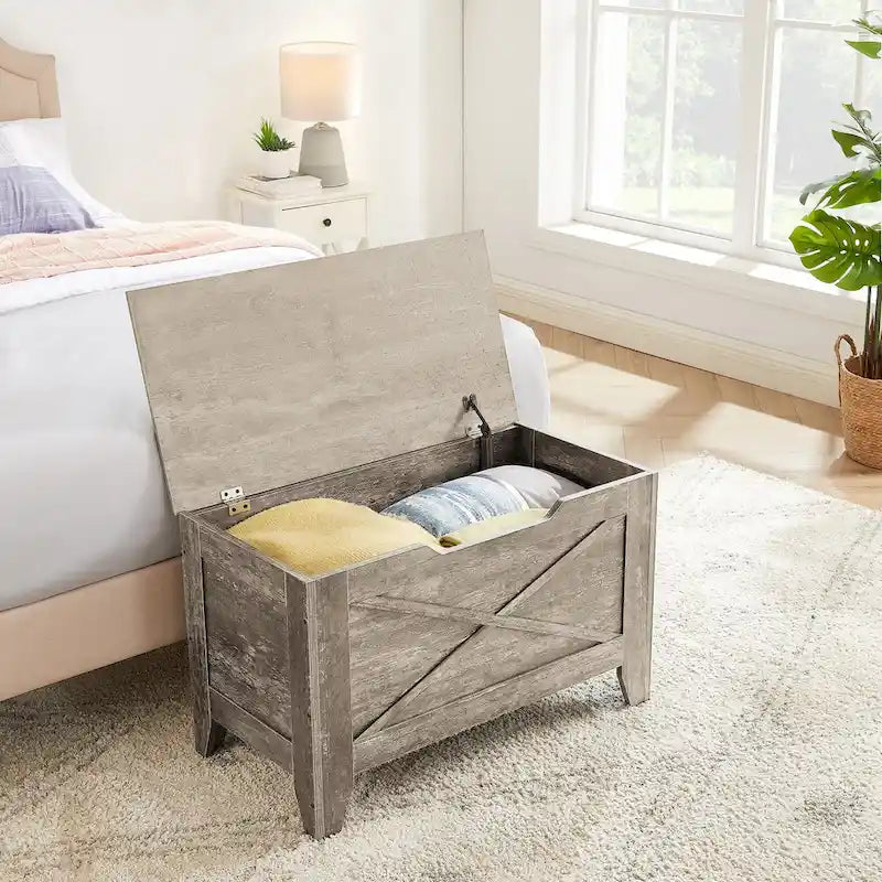 Banc de rangement VECELO, coffre de rangement en bois avec charnières de sécurité en osier tressé, banc à chaussures d'entrée, coffre de rangement de style industriel