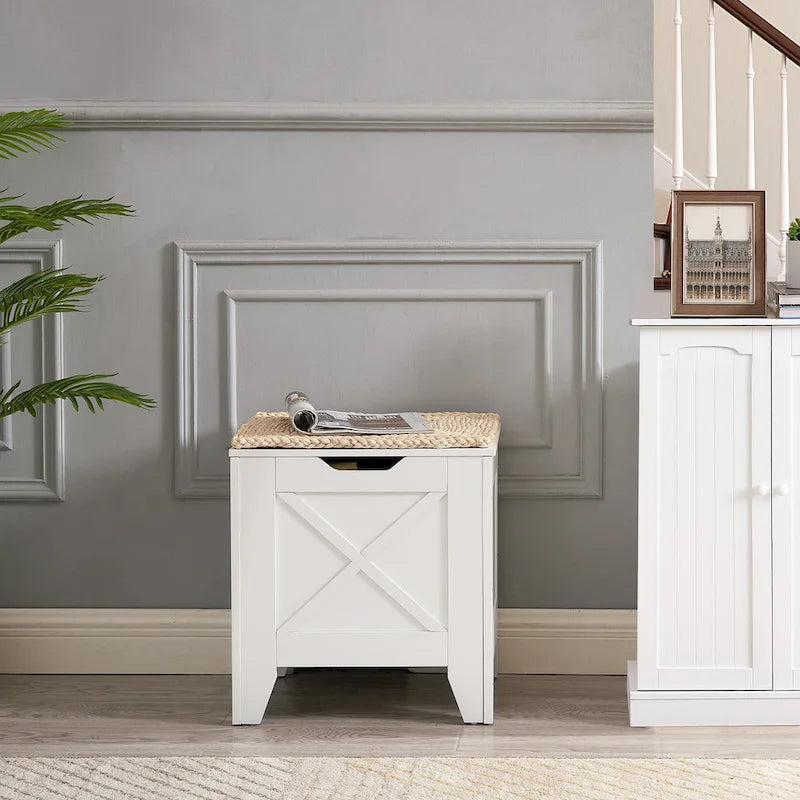 Banc de rangement VECELO, coffre de rangement en bois avec charnières de sécurité en osier tressé, banc à chaussures d'entrée, coffre de rangement de style industriel