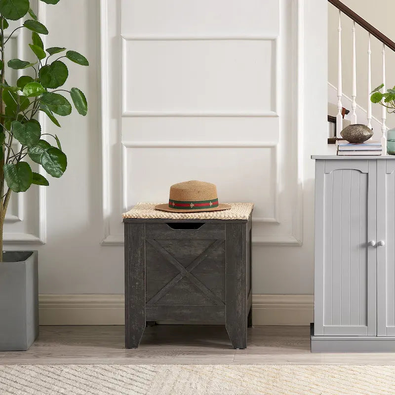Banc de rangement VECELO, coffre de rangement en bois avec charnières de sécurité en osier tressé, banc à chaussures d'entrée, coffre de rangement de style industriel