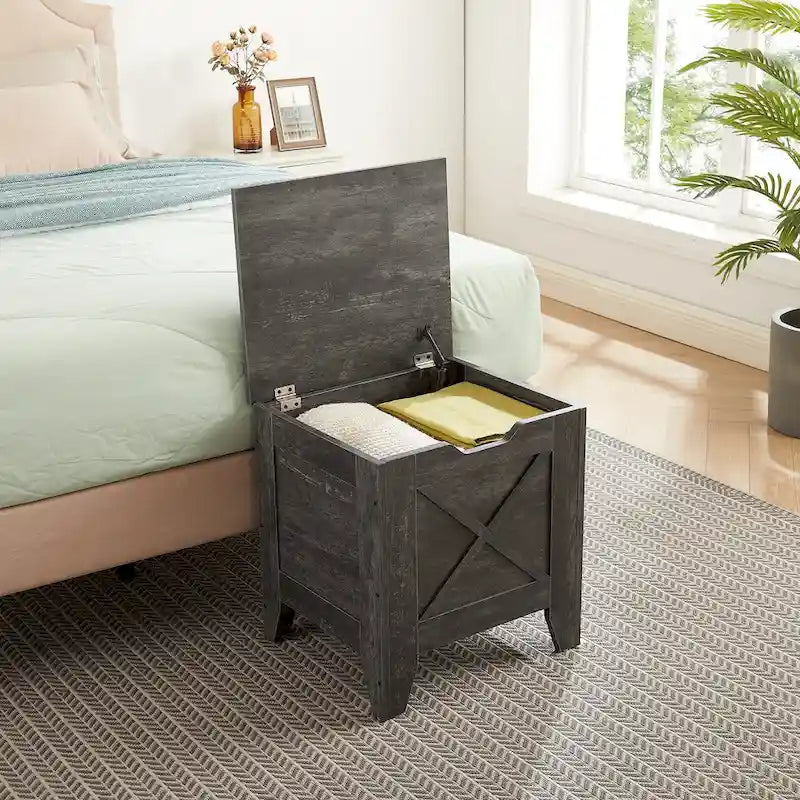 Banc de rangement VECELO, coffre de rangement en bois avec charnières de sécurité en osier tressé, banc à chaussures d'entrée, coffre de rangement de style industriel