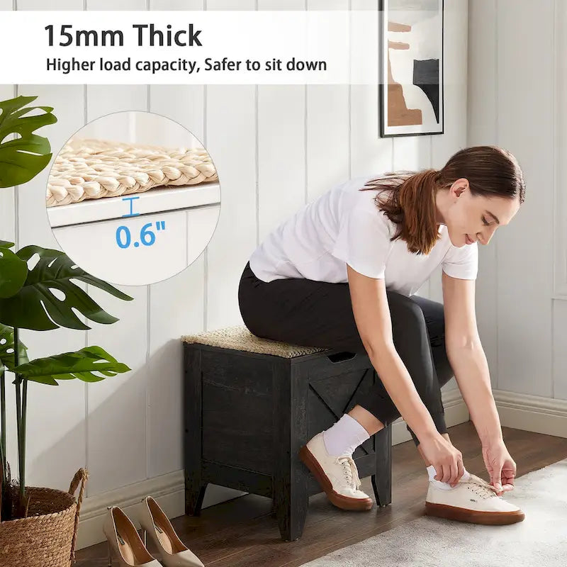 Banc de rangement VECELO, coffre de rangement en bois avec charnières de sécurité en osier tressé, banc à chaussures d'entrée, coffre de rangement de style industriel
