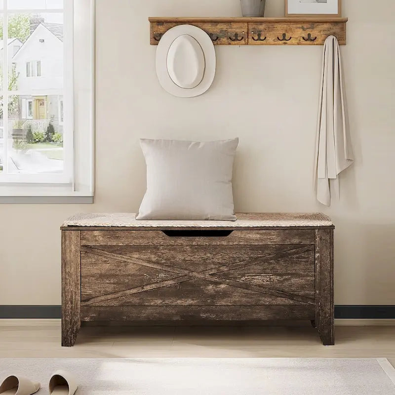 Banc de rangement VECELO, coffre de rangement en bois avec charnières de sécurité en osier tressé, banc à chaussures d'entrée, coffre de rangement de style industriel
