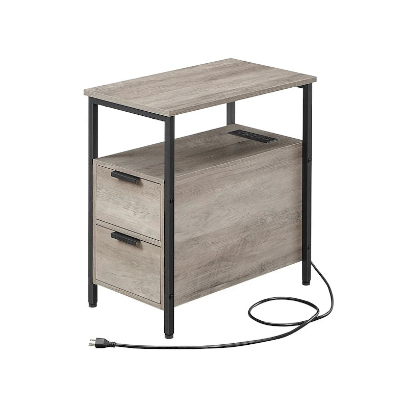 Table de chevet mince à 2 tiroirs avec 2 étagères ouvertes et station de recharge pour salon ou chambre à coucher