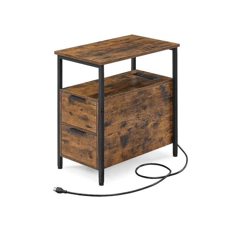 Table de chevet mince à 2 tiroirs avec 2 étagères ouvertes et station de recharge pour salon ou chambre à coucher