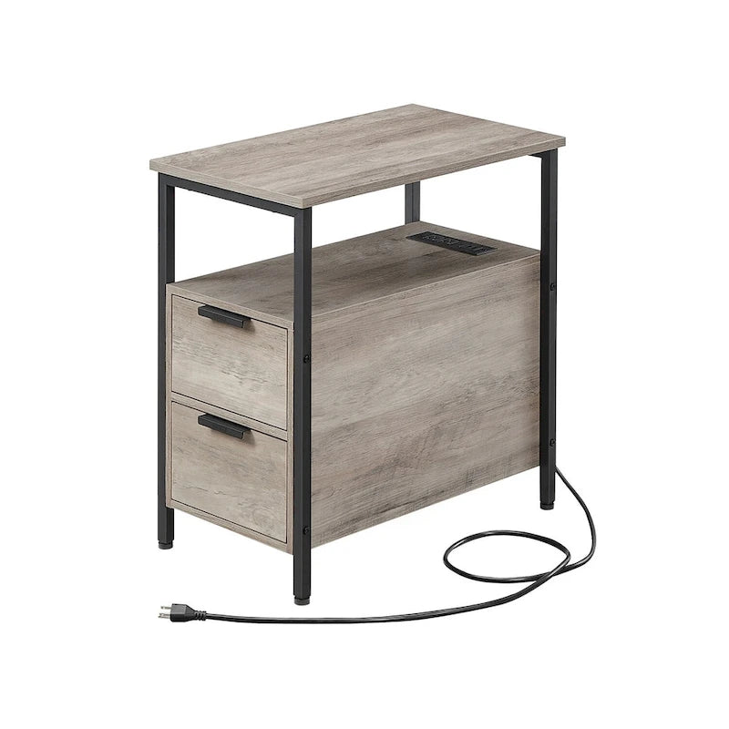Table de chevet mince à 2 tiroirs avec 2 étagères ouvertes et station de recharge pour salon ou chambre à coucher