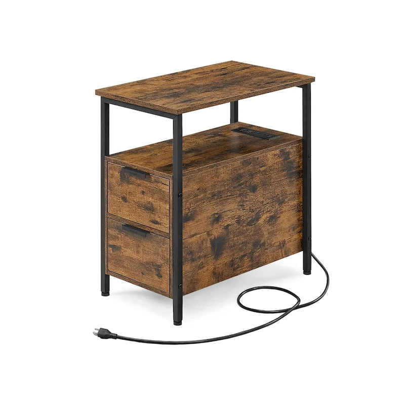 Table de chevet mince à 2 tiroirs avec 2 étagères ouvertes et station de recharge pour salon ou chambre à coucher