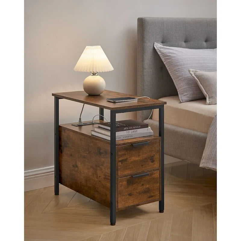 Table de chevet mince à 2 tiroirs avec 2 étagères ouvertes et station de recharge pour salon ou chambre à coucher