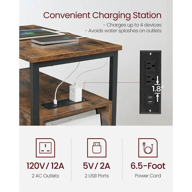 Table de chevet mince à 2 tiroirs avec 2 étagères ouvertes et station de recharge pour salon ou chambre à coucher