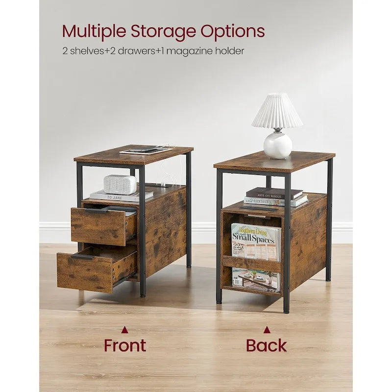 Table de chevet mince à 2 tiroirs avec 2 étagères ouvertes et station de recharge pour salon ou chambre à coucher