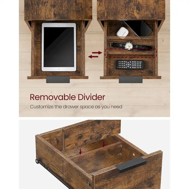Table de chevet mince à 2 tiroirs avec 2 étagères ouvertes et station de recharge pour salon ou chambre à coucher