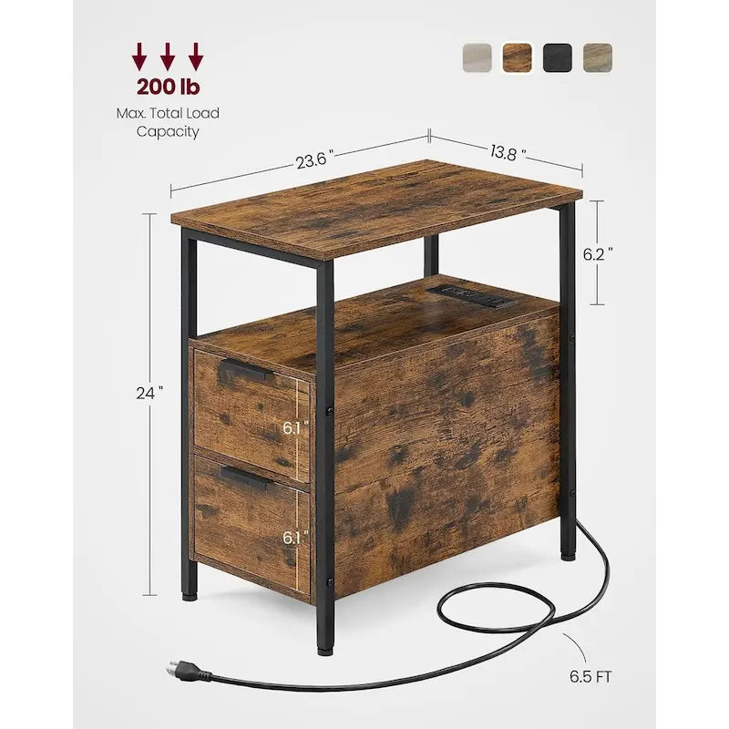 Table de chevet mince à 2 tiroirs avec 2 étagères ouvertes et station de recharge pour salon ou chambre à coucher