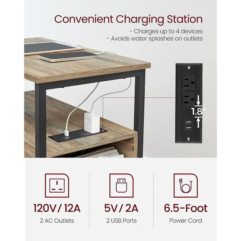 Table de chevet mince à 2 tiroirs avec 2 étagères ouvertes et station de recharge pour salon ou chambre à coucher