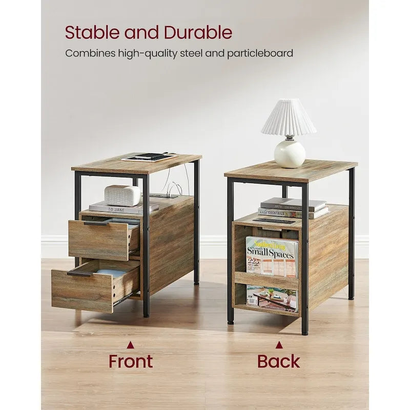 Table de chevet mince à 2 tiroirs avec 2 étagères ouvertes et station de recharge pour salon ou chambre à coucher