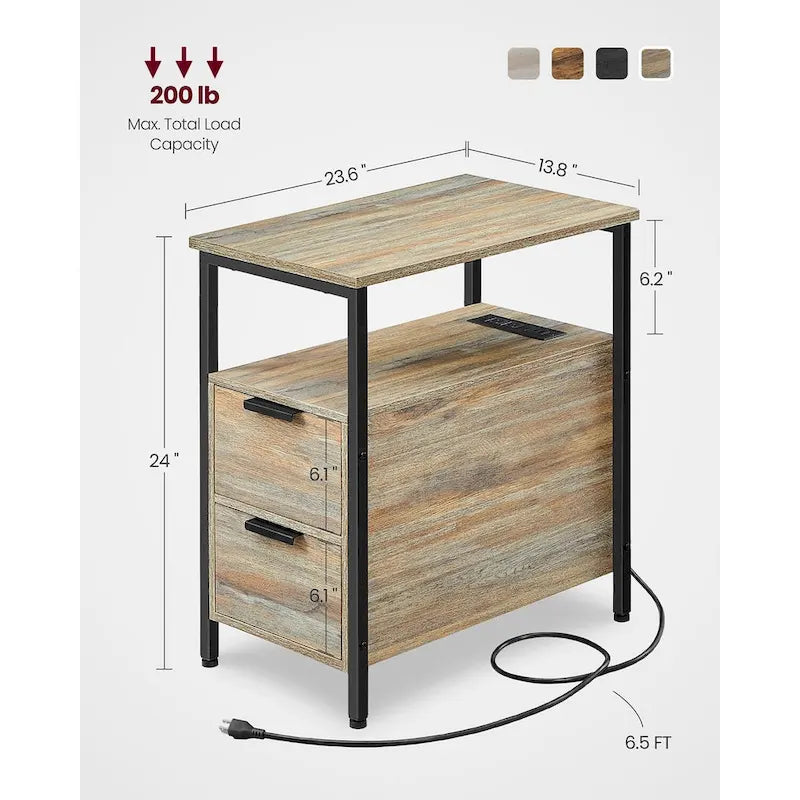 Table de chevet mince à 2 tiroirs avec 2 étagères ouvertes et station de recharge pour salon ou chambre à coucher