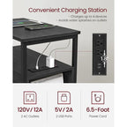 Table de chevet mince à 2 tiroirs avec 2 étagères ouvertes et station de recharge pour salon ou chambre à coucher