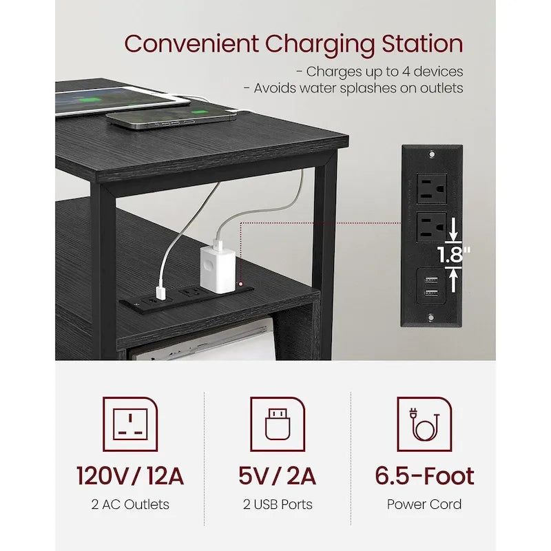 Table de chevet mince à 2 tiroirs avec 2 étagères ouvertes et station de recharge pour salon ou chambre à coucher