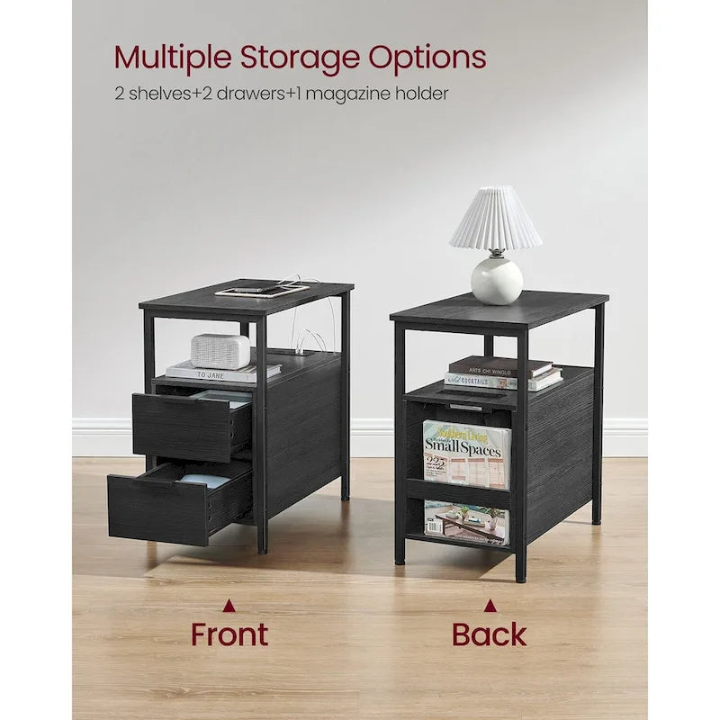 Table de chevet mince à 2 tiroirs avec 2 étagères ouvertes et station de recharge pour salon ou chambre à coucher