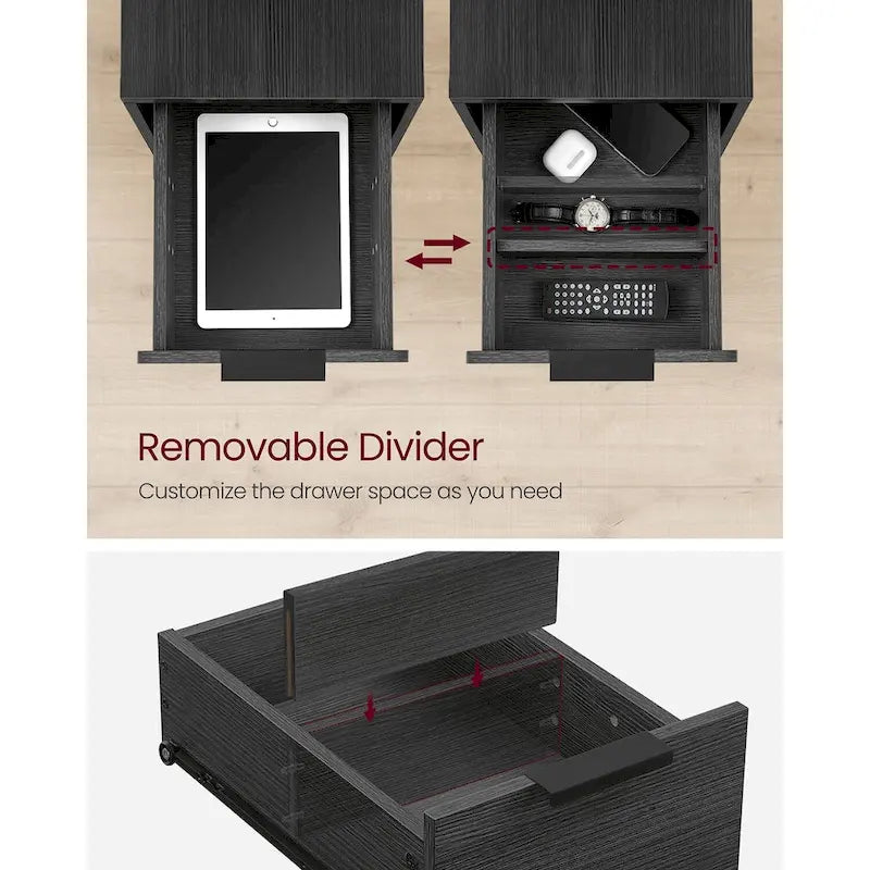 Table de chevet mince à 2 tiroirs avec 2 étagères ouvertes et station de recharge pour salon ou chambre à coucher