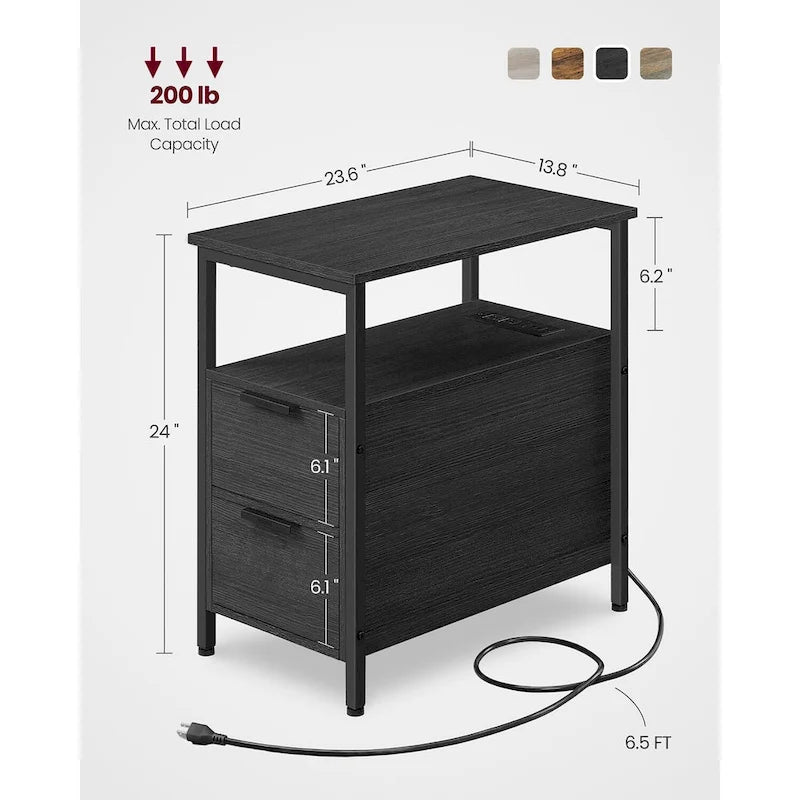 Table de chevet mince à 2 tiroirs avec 2 étagères ouvertes et station de recharge pour salon ou chambre à coucher