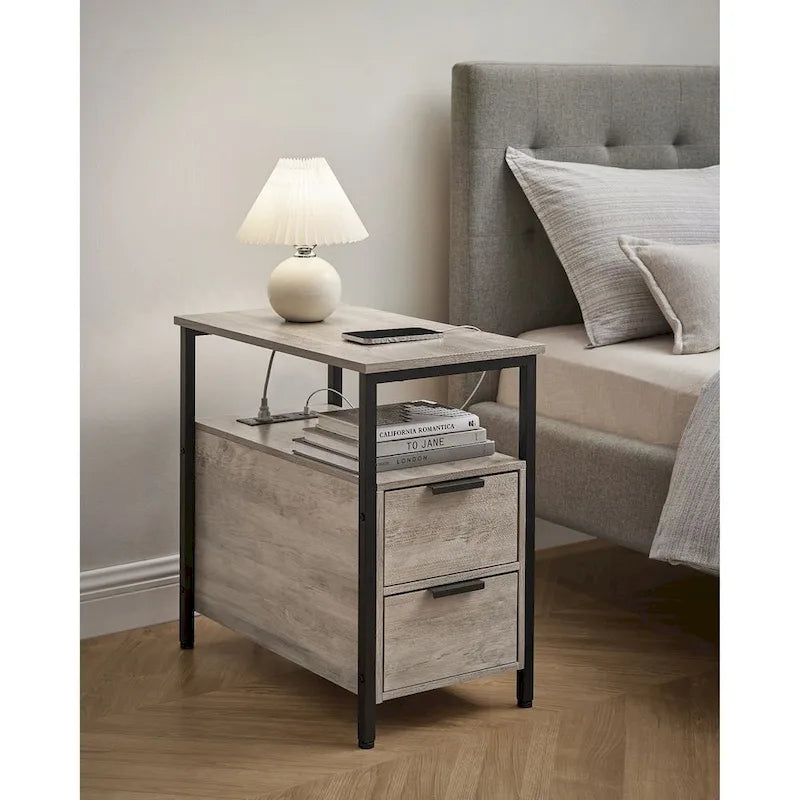 Table de chevet mince à 2 tiroirs avec 2 étagères ouvertes et station de recharge pour salon ou chambre à coucher