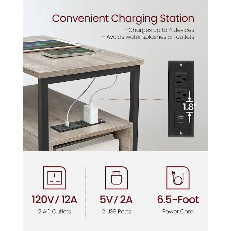 Table de chevet mince à 2 tiroirs avec 2 étagères ouvertes et station de recharge pour salon ou chambre à coucher