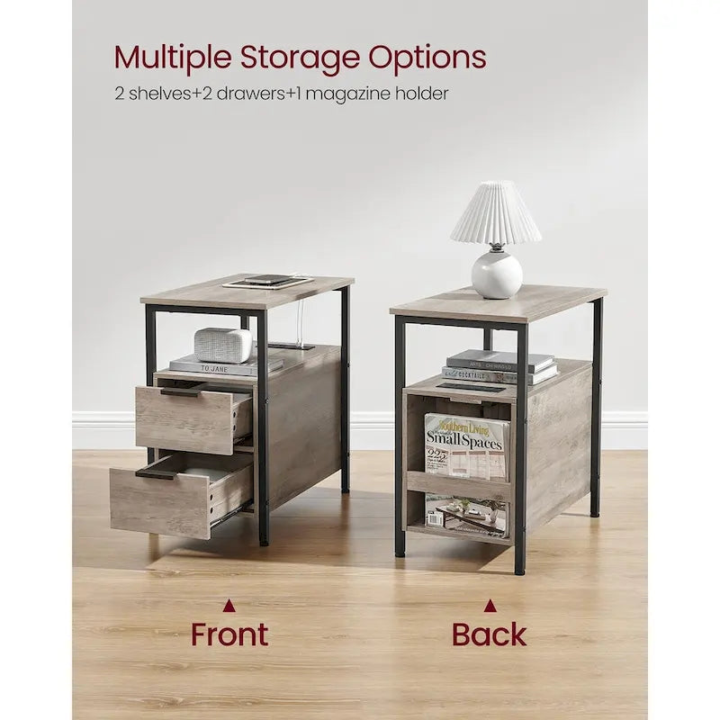 Table de chevet mince à 2 tiroirs avec 2 étagères ouvertes et station de recharge pour salon ou chambre à coucher