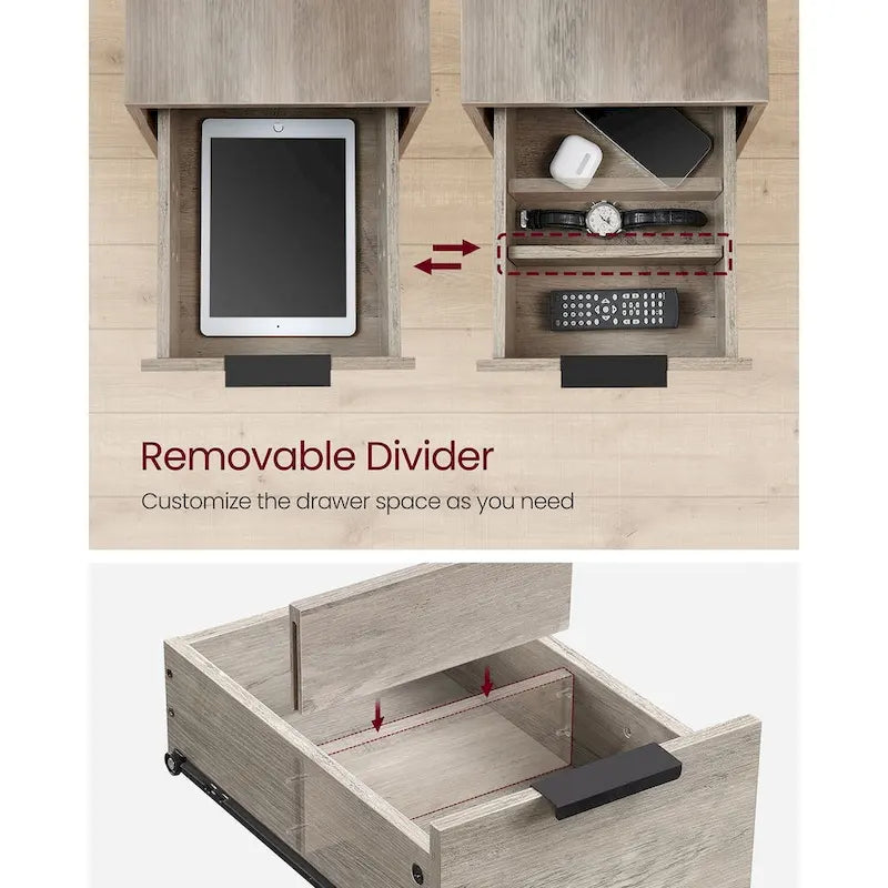 Table de chevet mince à 2 tiroirs avec 2 étagères ouvertes et station de recharge pour salon ou chambre à coucher