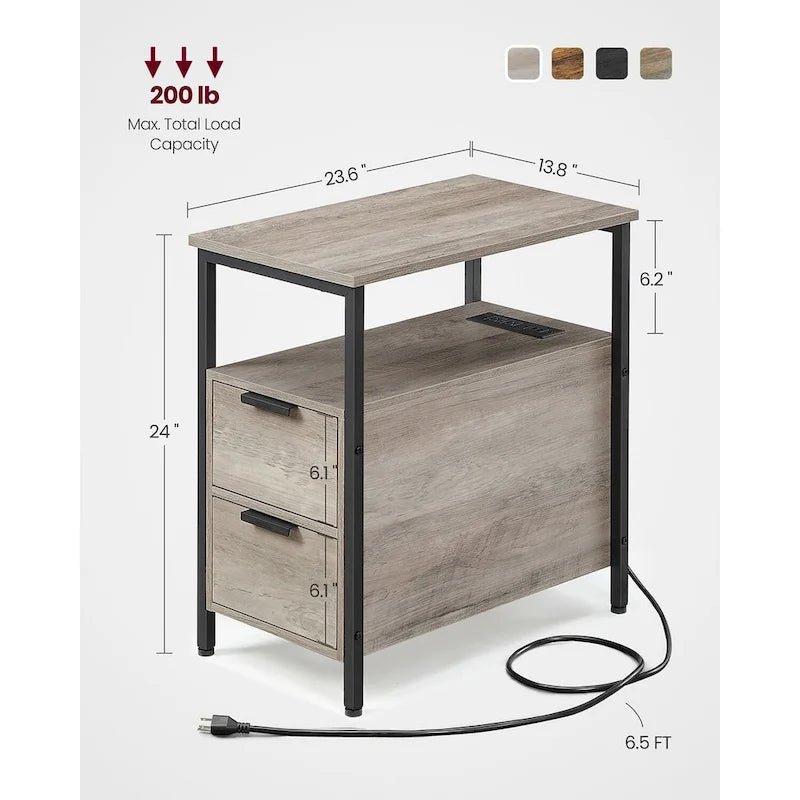 Table de chevet mince à 2 tiroirs avec 2 étagères ouvertes et station de recharge pour salon ou chambre à coucher