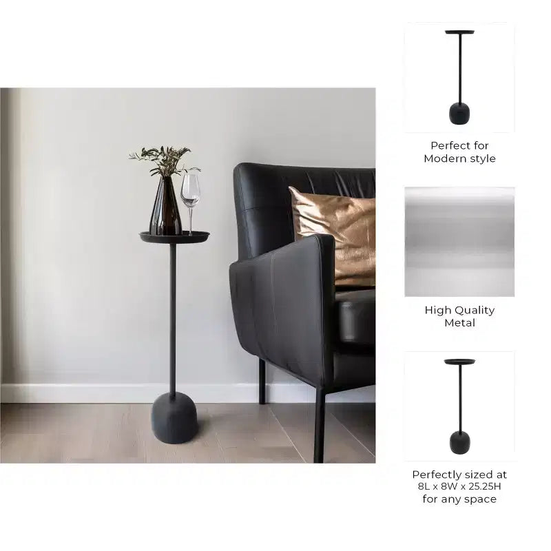 Table d'appoint élégante, table de chevet ou petit support de table pour la décoration intérieure - Table de nuit en métal avec plateau rond pour la décoration de chambre à coucher ou de salon - 26 noir