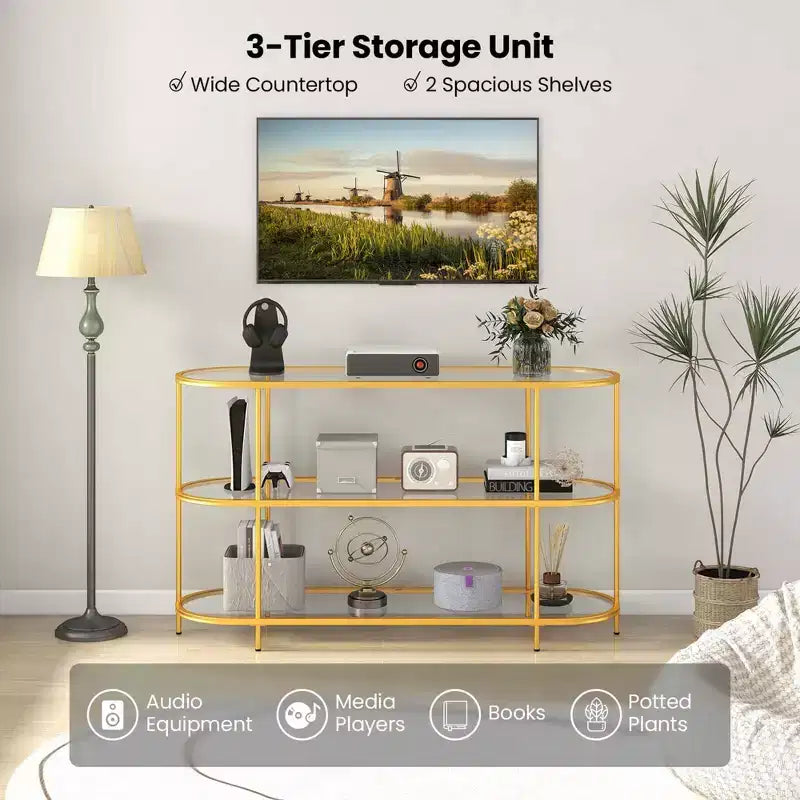 Meuble TV à 3 niveaux Costway pour téléviseurs jusqu'à 65 pouces avec étagères en verre trempé Console TV
