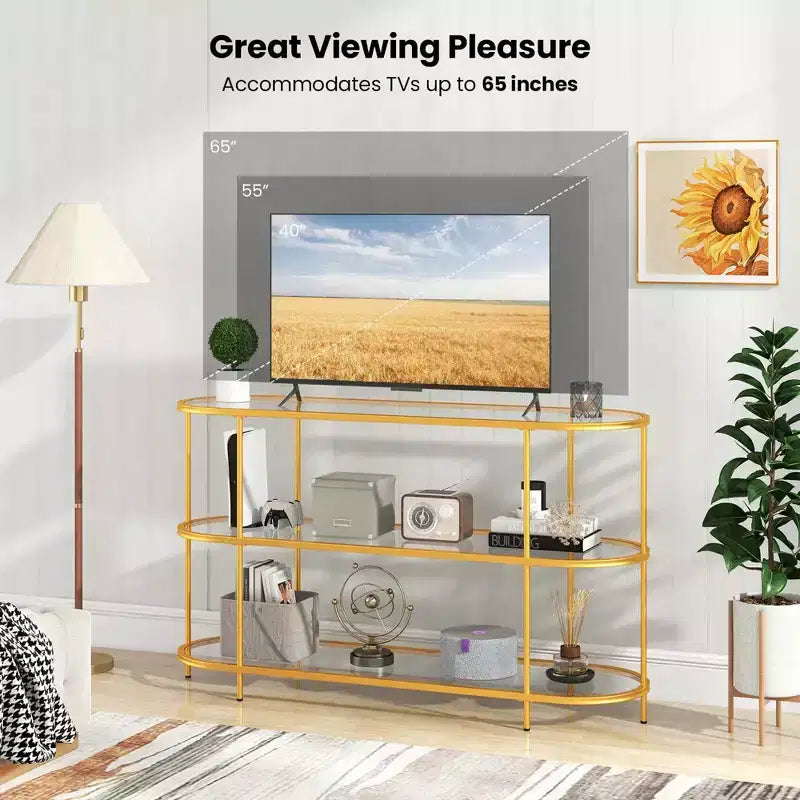 Meuble TV à 3 niveaux Costway pour téléviseurs jusqu'à 65 pouces avec étagères en verre trempé Console TV