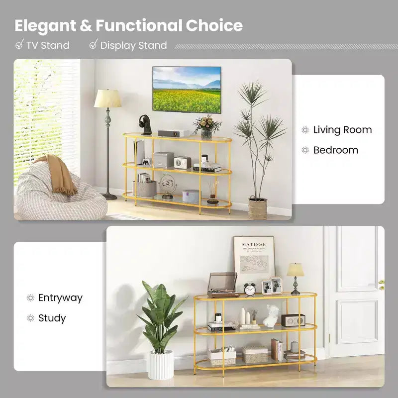 Meuble TV à 3 niveaux Costway pour téléviseurs jusqu'à 65 pouces avec étagères en verre trempé Console TV