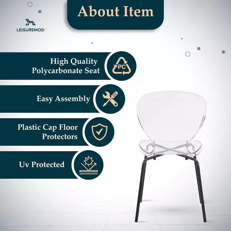LeisureMod Oyster Chaises de salle à manger transparentes (lot de 2) - Empilables, dossier incurvé, avec pieds en acier inoxydable noir pour cuisine ou salle à manger