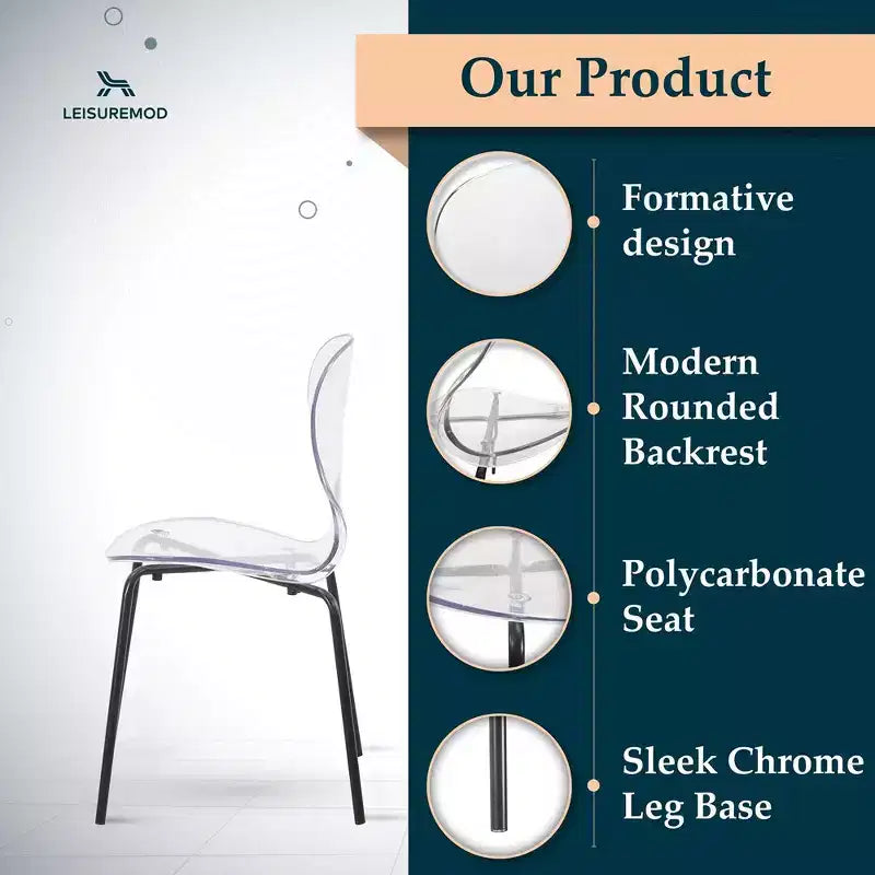 LeisureMod Oyster Chaises de salle à manger transparentes (lot de 2) - Empilables, dossier incurvé, avec pieds en acier inoxydable noir pour cuisine ou salle à manger