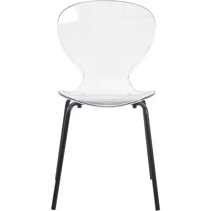 LeisureMod Oyster Chaises de salle à manger transparentes (lot de 2) - Empilables, dossier incurvé, avec pieds en acier inoxydable noir pour cuisine ou salle à manger