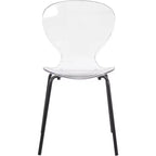 LeisureMod Oyster Chaises de salle à manger transparentes (lot de 2) - Empilables, dossier incurvé, avec pieds en acier inoxydable noir pour cuisine ou salle à manger
