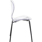 LeisureMod Oyster Chaises de salle à manger transparentes (lot de 2) - Empilables, dossier incurvé, avec pieds en acier inoxydable noir pour cuisine ou salle à manger