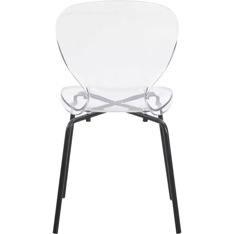 LeisureMod Oyster Chaises de salle à manger transparentes (lot de 2) - Empilables, dossier incurvé, avec pieds en acier inoxydable noir pour cuisine ou salle à manger