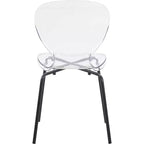 LeisureMod Oyster Chaises de salle à manger transparentes (lot de 2) - Empilables, dossier incurvé, avec pieds en acier inoxydable noir pour cuisine ou salle à manger